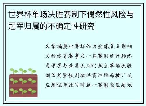世界杯单场决胜赛制下偶然性风险与冠军归属的不确定性研究